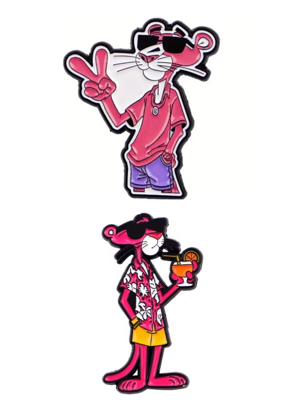 Pink Panther Enamel Metal Pin, Holding a Cocktail and Peace Sign - 2 Pins